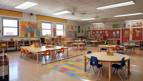 Interior of a school classroom with tables and chairs.