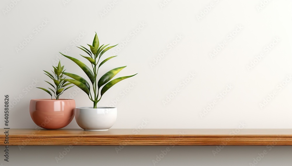 Wood shelf with plant in pot on white wall background. Wood shelf with plant in pot on white wall background.