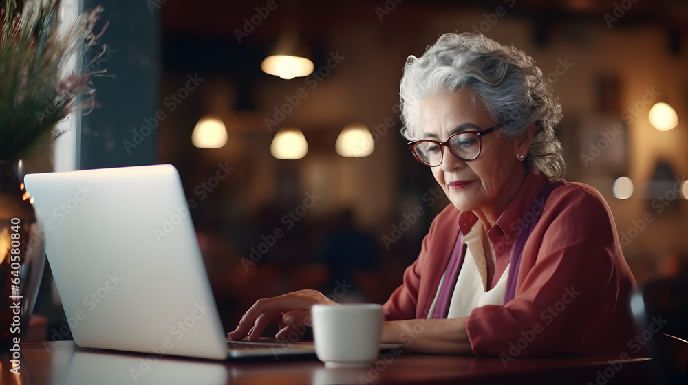 Old woman working on laptop in a cafe at table. Senior citizen elderly woman in glasses using laptop. Old woman working on laptop in a cafe at table. Senior citizen elderly woman in glasses using laptop.
