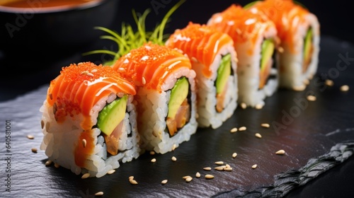 Sushi rolls with salmon, avocado and rice close up