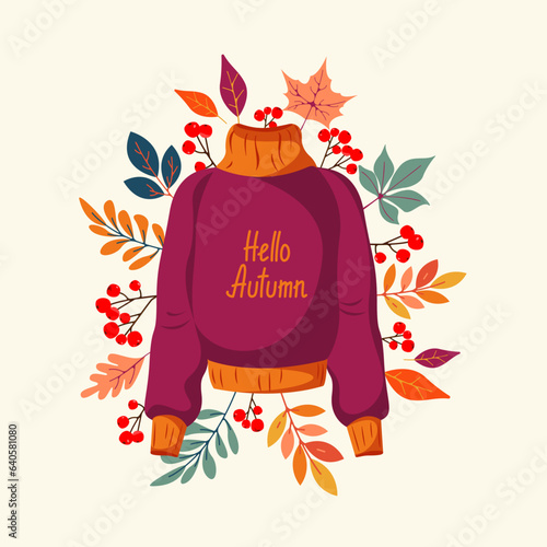 Autumn sweater.Background with autumn leaves and a sweater.Warm clothes, hello autumn.Vector illustration isolated on a white background.