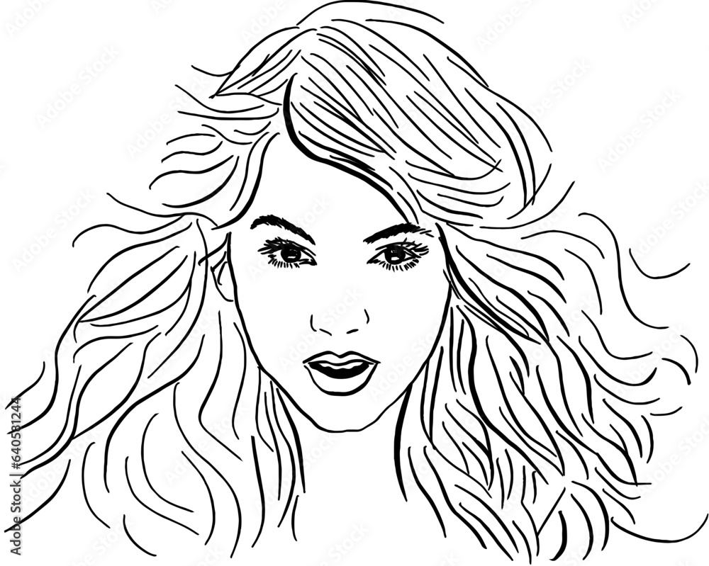 Line drawing of a young girl with long curve hair, black and white ...