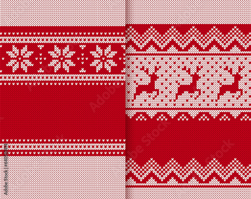 Knitted seamless ornaments. Christmas red textures. Knit fair isle traditional frames. Xmas print. Holiday background. Festive sweater border. Vector illustration.