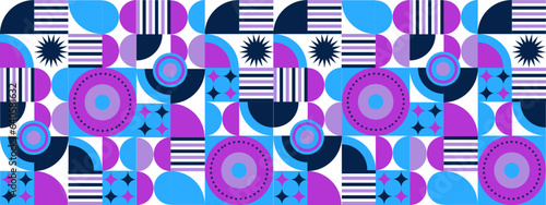 Modern retro Bauhaus pattern vector flat mosaic cover wide banner with geometric shapes