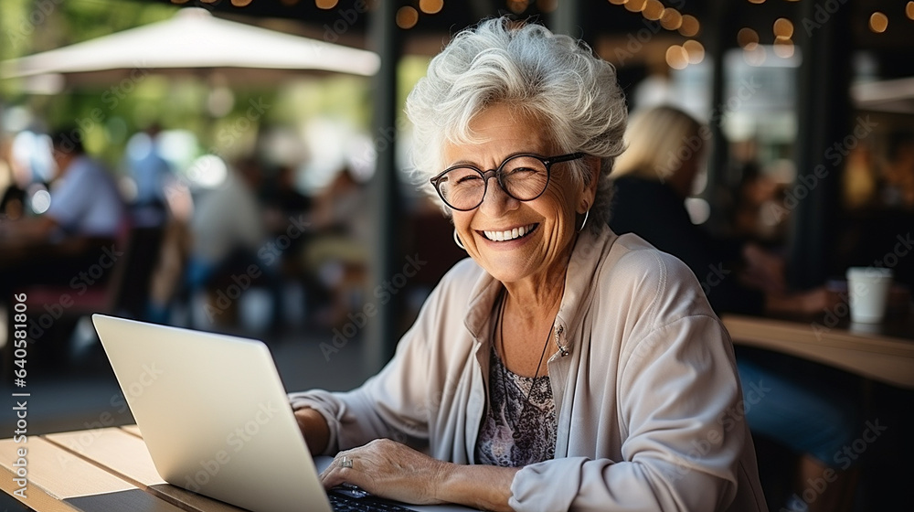 Portrait of smiling senior woman using laptop while sitting in cafe outdoors Portrait of smiling senior woman using laptop while sitting in cafe outdoors