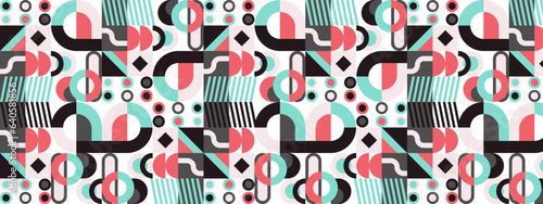 Abstract Geometric Pattern Artwork. Retro colors and color background. Grid with colored geometric shapes. Modern abstract promotional flyer, background, brochure, pattern.