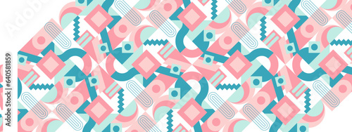 Abstract Geometric Pattern Artwork. Retro colors and color background. Grid with colored geometric shapes. Modern abstract promotional flyer, background, brochure, pattern.