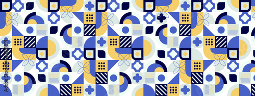 Abstract Geometric Pattern Artwork. Retro colors and color background. Grid with colored geometric shapes. Modern abstract promotional flyer, background, brochure, pattern.