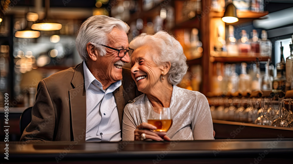 Senior couple on a date in a wine bar taking a selfie together on a cell phone