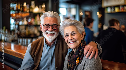 Senior couple on a date in a wine bar taking a selfie together on a cell phone © PaulShlykov