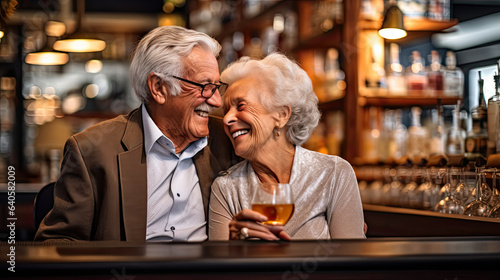 Senior couple on a date in a wine bar taking a selfie together on a cell phone