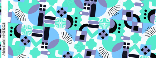 Abstract Geometric Pattern Artwork. Retro colors and color background. Grid with colored geometric shapes. Modern abstract promotional flyer, background, brochure, pattern.
