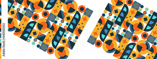 Abstract Geometric Pattern Artwork. Retro colors and color background. Grid with colored geometric shapes. Modern abstract promotional flyer, background, brochure, pattern.