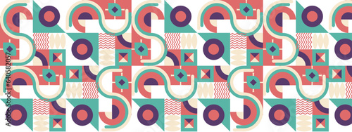 Abstract Geometric Pattern Artwork. Retro colors and color background. Grid with colored geometric shapes. Modern abstract promotional flyer, background, brochure, pattern.