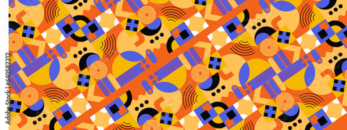 Abstract Geometric Pattern Artwork. Retro colors and color background. Grid with colored geometric shapes. Modern abstract promotional flyer, background, brochure, pattern.