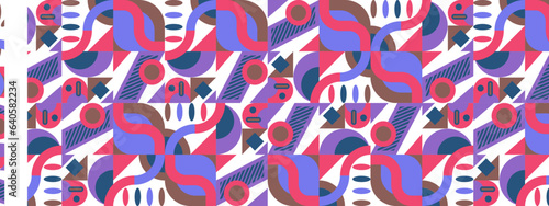 Abstract Geometric Pattern Artwork. Retro colors and color background. Grid with colored geometric shapes. Modern abstract promotional flyer, background, brochure, pattern.