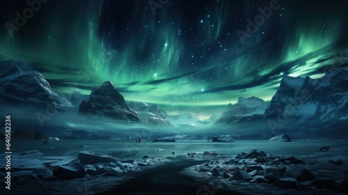 Fantasy alien planet. Mountain and lake with aurora, northern Lights,. 3D Illustration