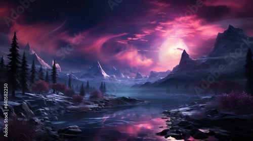 Fantasy alien planet. Mountain and lake with aurora  northern Lights . 3D Illustration