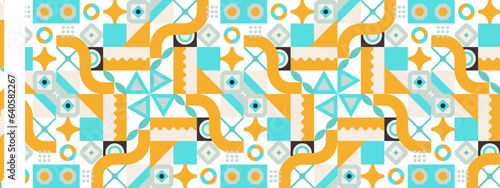 Abstract Geometric Pattern Artwork. Retro colors and color background. Grid with colored geometric shapes. Modern abstract promotional flyer, background, brochure, pattern.
