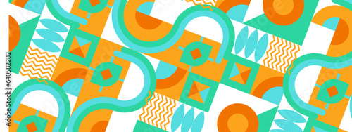 Abstract Geometric Pattern Artwork. Retro colors and color background. Grid with colored geometric shapes. Modern abstract promotional flyer, background, brochure, pattern.