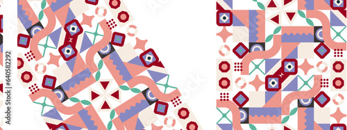Abstract Geometric Pattern Artwork. Retro colors and color background. Grid with colored geometric shapes. Modern abstract promotional flyer, background, brochure, pattern.
