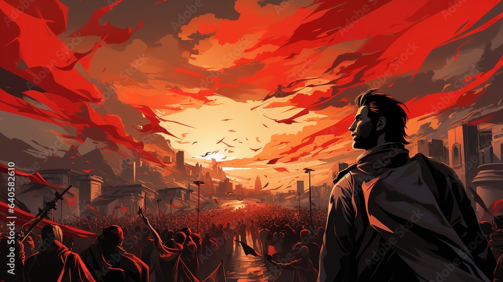 Fototapeta premium Sumpah Pemuda，The young men cheered with flags in their hands，AI generated.