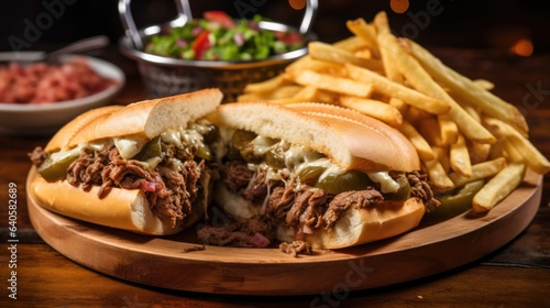  Juicy cheesesteak sandwich with sides on a brown plate on a wooden table