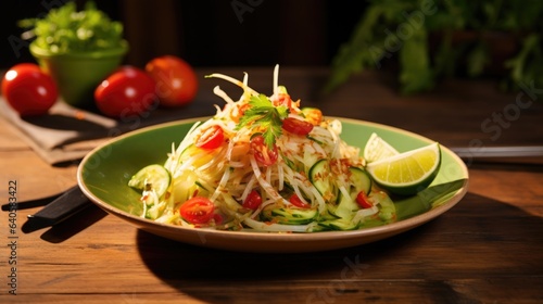 Fresh and spicy green papaya salad on a wooden table