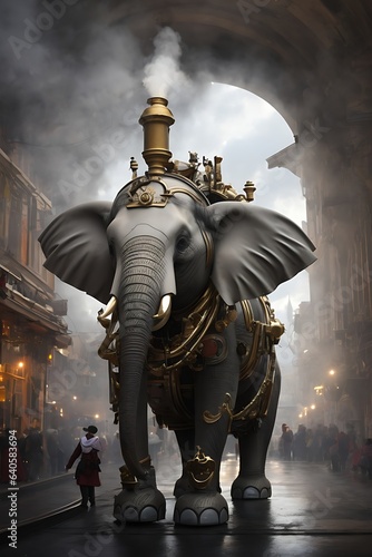 Steam-powered elephant powering a fantastical city.