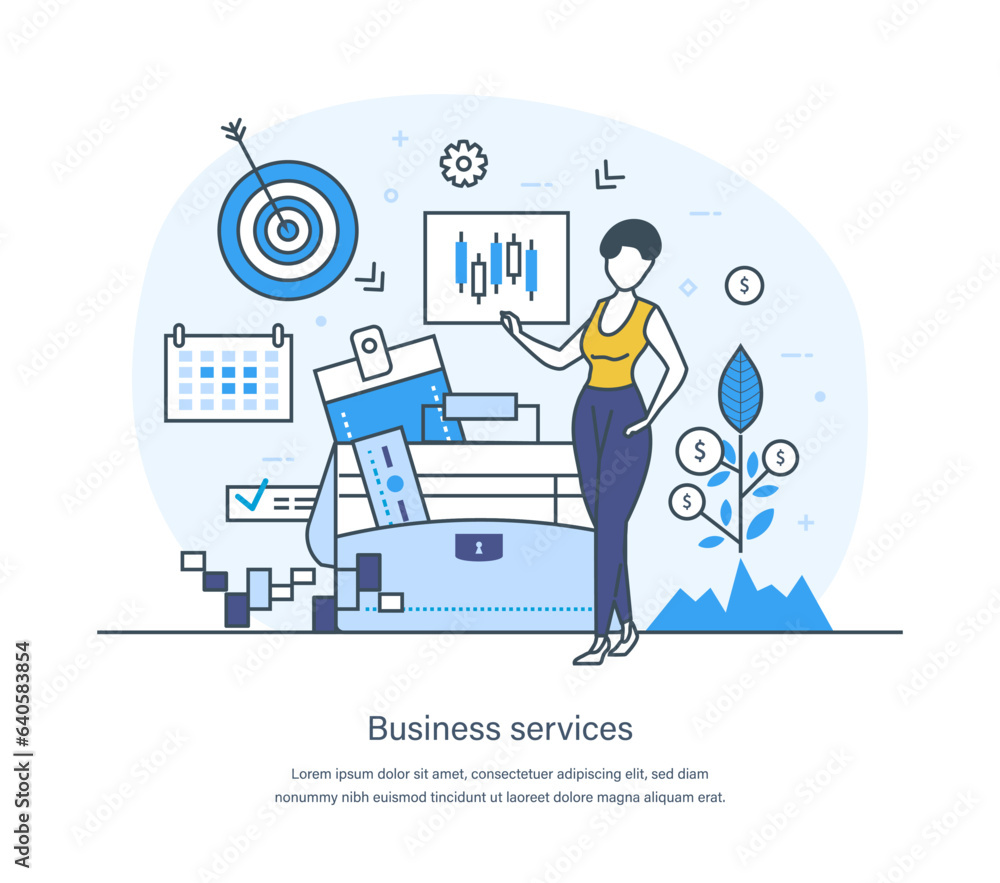 Business service tasks and activities to maintain business process. Infrastructure, finances, information services for organizational resources control, analysis thin line design of vector doodles