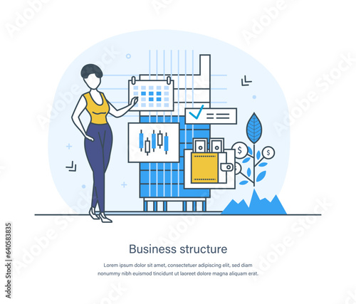Business structure, company or corporate organizational system concept. Business mechanism, service, analytics, research, seo, digital marketing and communication thin line design of vector doodles