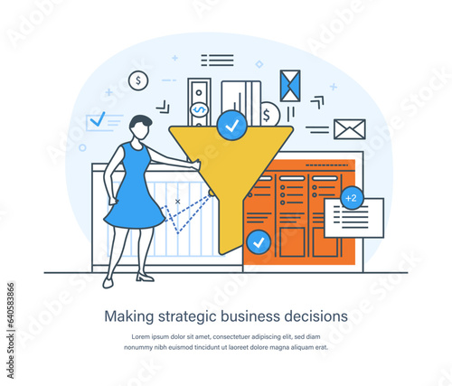 Making strategic business decisions process, tactic or strategy planning, data analysis for goal achievement. Mission, vision statement and values of business thin line design of vector doodles