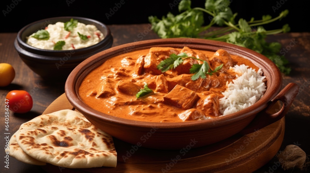 hicken tikka masala curry in a clay plate with rice and bread on wooden background hicken tikka masala curry in a clay plate with rice and bread on wooden background