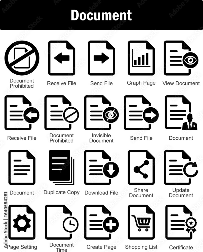 A set of 20 Document icons as document prohibited, receive file, send file A set of 20 Document icons as document prohibited, receive file, send file