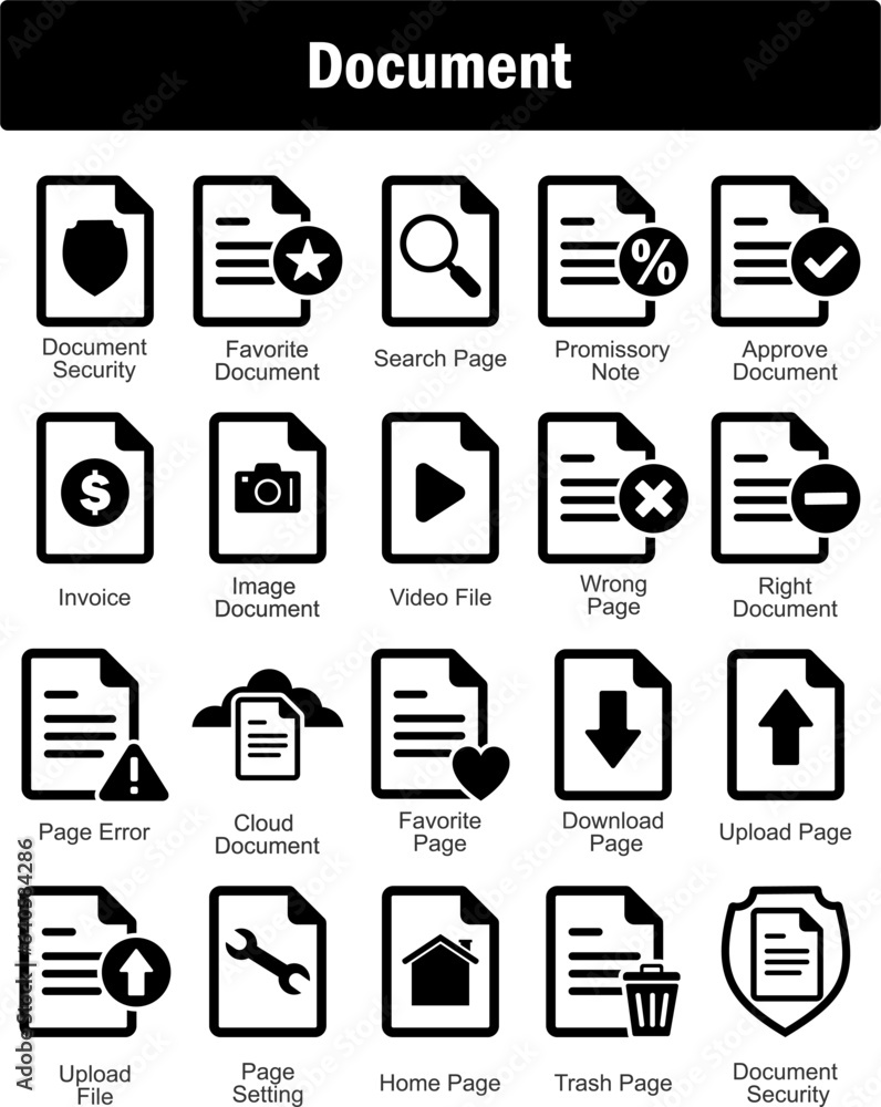 A set of 20 Document icons as document security, favorite document, search page A set of 20 Document icons as document security, favorite document, search page