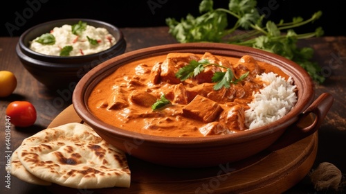 hicken tikka masala curry in a clay plate with rice and bread on wooden background