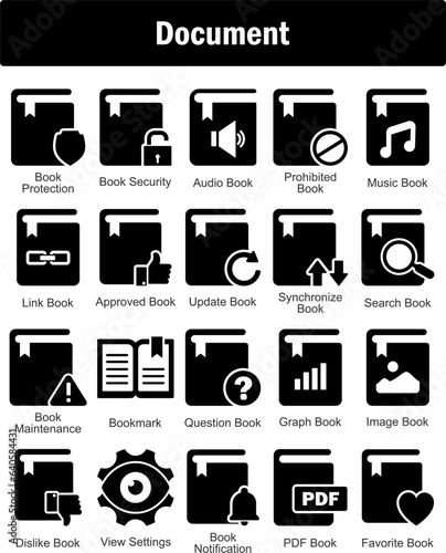 A set of 20 Document icons as book protection, book security, audio book