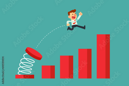 businessman jump off big spring to highest bar chart