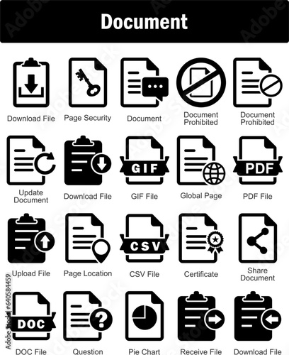 A set of 20 Document icons as download file, page security, document