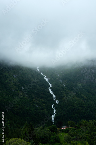 Two hundred meters high waterfall in western fjords close to Rosendal - Hattebergfossen