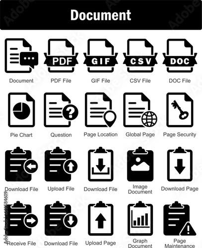 A set of 20 Document icons as document, pdf file, gif file