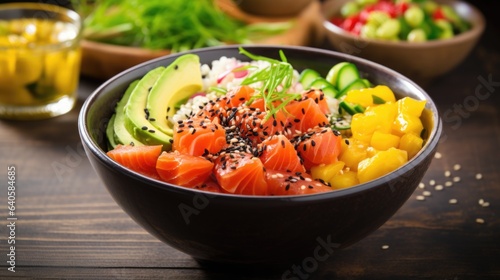 Bowl of poke bowl with fresh salmon, mango, avocado, and sesame seeds photo