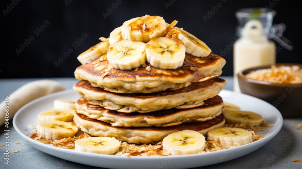 A stack of oatmeal banana pancakes with slices of fresh bananas A stack of oatmeal banana pancakes with slices of fresh bananas