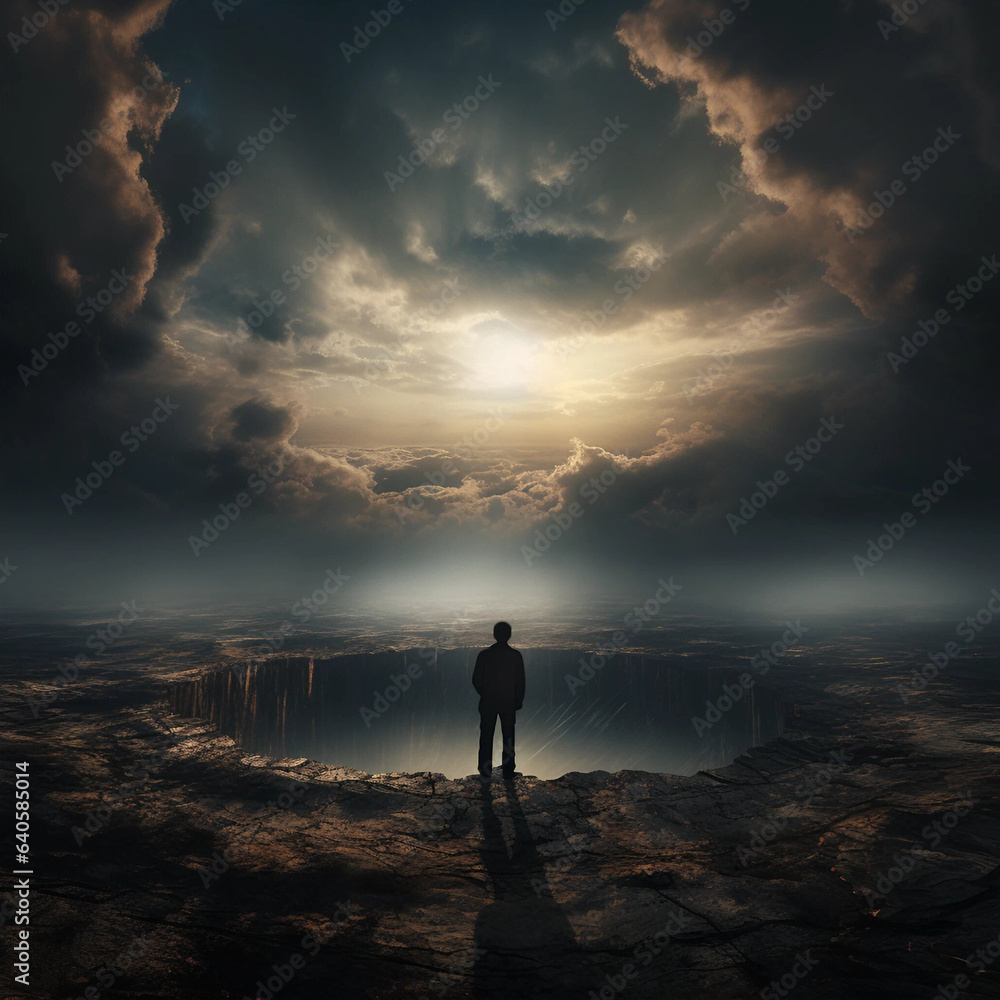 Artwork of a Person Standing Before a Massive Crater - obrazy, fototapety, plakaty 