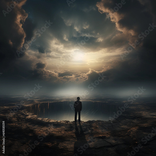 Tableau sur toile Artwork of a Person Standing Before a Massive Crater