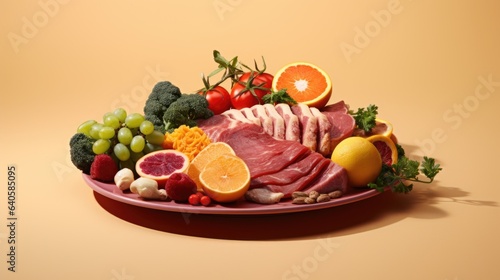 A plate of food with meat, fruit and vegetables on it