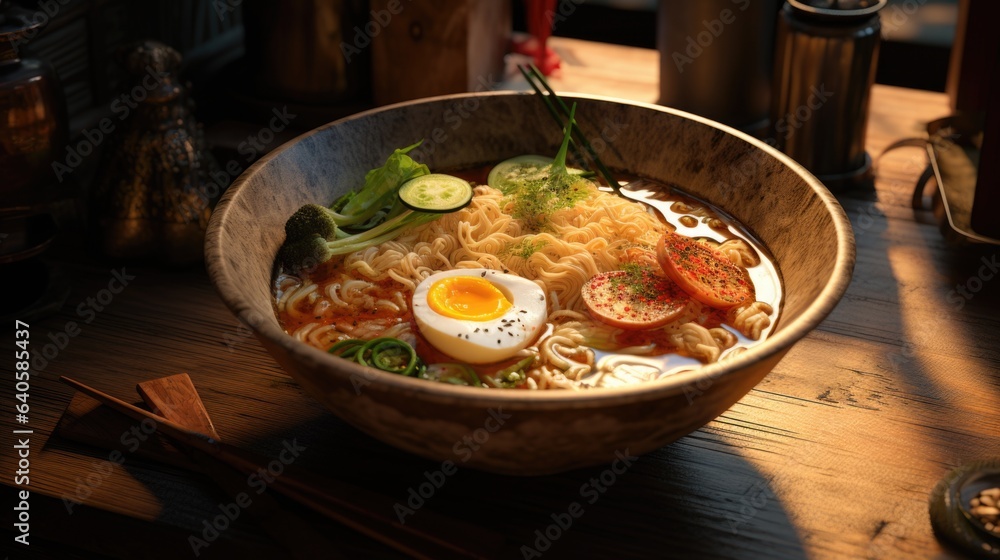 Classic Japanese ramen in a deep bowl, sticks, wooden table Classic Japanese ramen in a deep bowl, sticks, wooden table