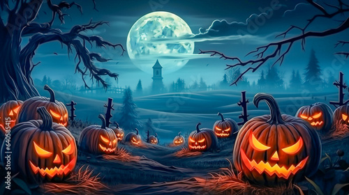 halloween scene with farm and mystical moon, Illustration background
