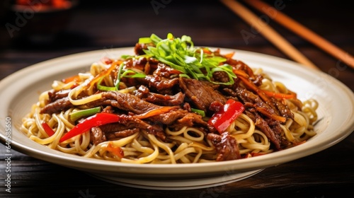 Chinese fried noodles with beef and vegetables in a white bowl on a rustic table