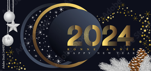 2024 - bannière ou carte de vœux, noire, blanche et or, pour fêter le nouvel an, sur le thème de l’espace - texte français et anglais - traduction bonne année.